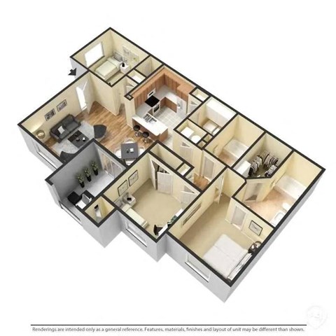 A 3D floor plan of a house with multiple rooms.